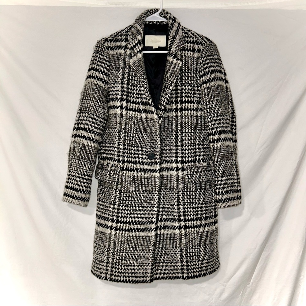 Emin & Paul Shoreditch London Black White Tweed Plaid Long Wool Trench Coat
